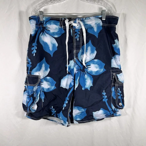 OP Swim Trunks Men's Large Blue Floral Lined Elastic Waist Tie Hook Loop - Picture 1 of 10